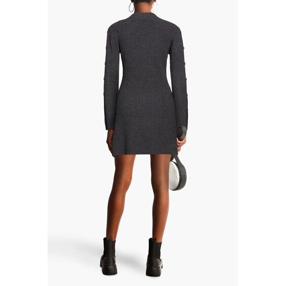 Sandro Paris Embellished Ribbed Wool & Cashmere Long Sleeve Gray Mini Dress US 2 - Picture 11 of 11
